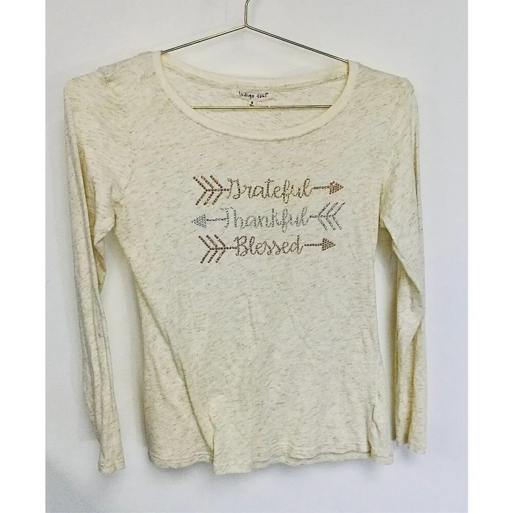 Indigo Soul Womens Ivory Thankful Grateful Blessed Graphic T-Shirt Small